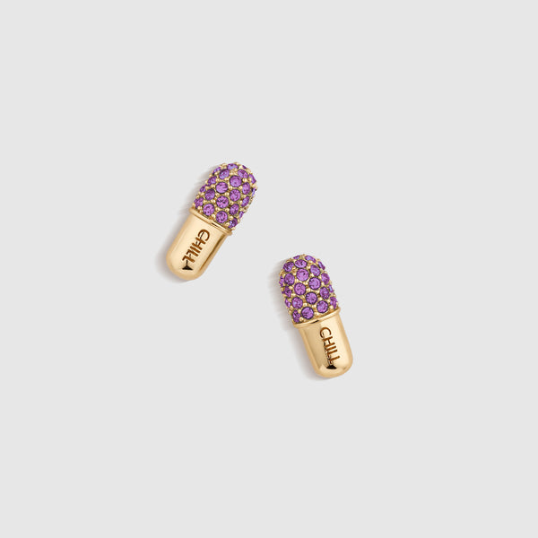 Gold Chill Pill Pavé Stud Earrings - Digital Grape