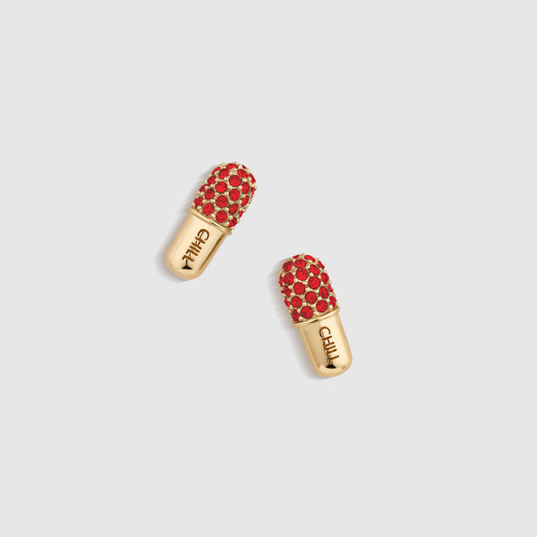 Gold Chill Pill Pavé Stud Earrings - Pop Red