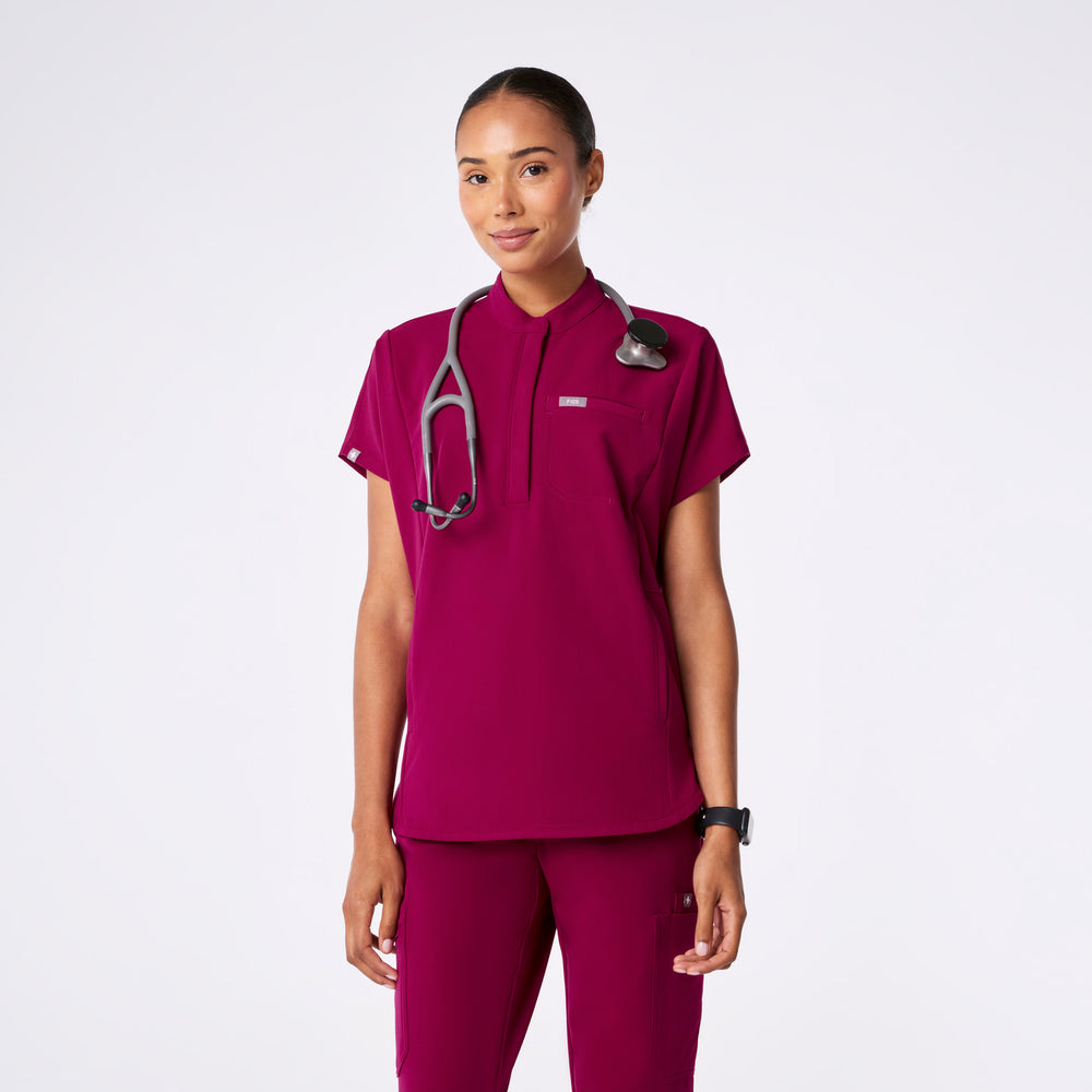 women's Dark Magenta Montex - Mock Neck Scrub Top