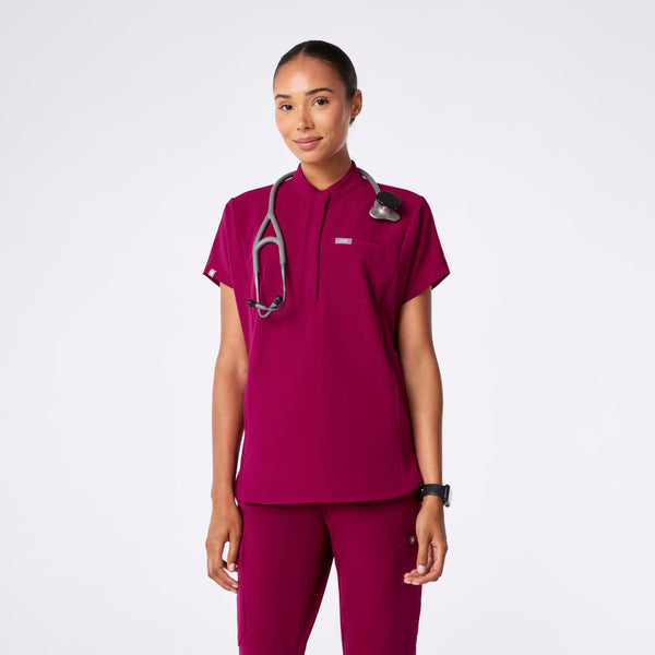 women's Dark Magenta Montex - Mock Neck Scrub Top