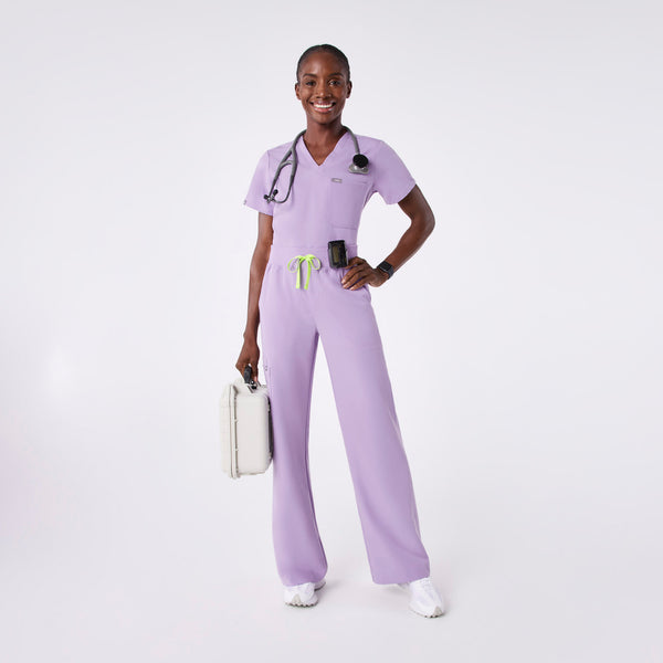 women's Lavender Dew High Waisted Isabel Wide Leg - Petite Scrub Pant