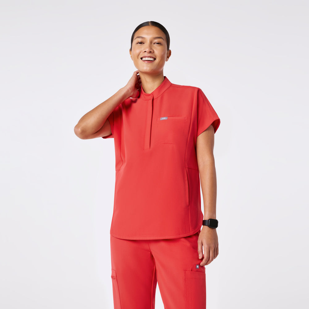 women's Hibiscus Montex - Mock Neck Scrub Top