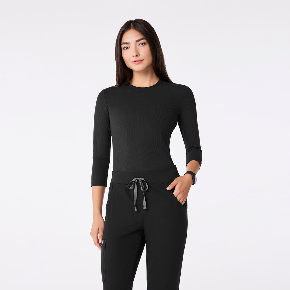 women's Black Ribbed - ¾ Sleeve Underscrub