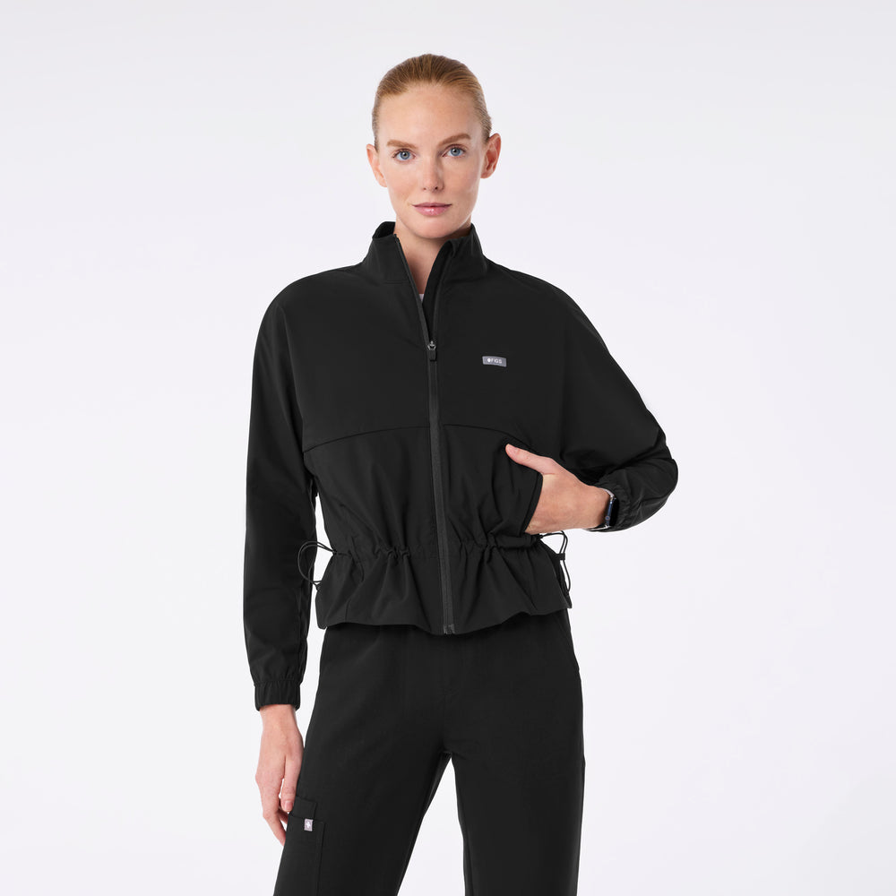 women's Black On-Shift Elizabeth Cinched Scrub Jacket™