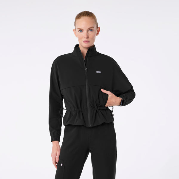 women's Black On-Shift Elizabeth Cinched Scrub Jacket™