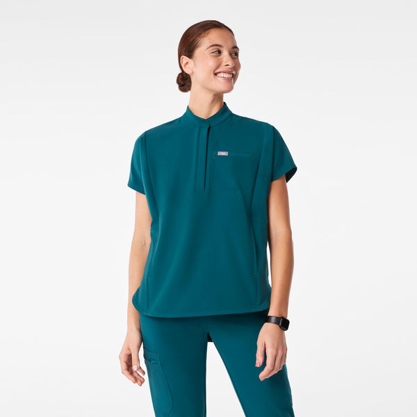 women's Caribbean Blue Montex - Mock Neck Scrub Top