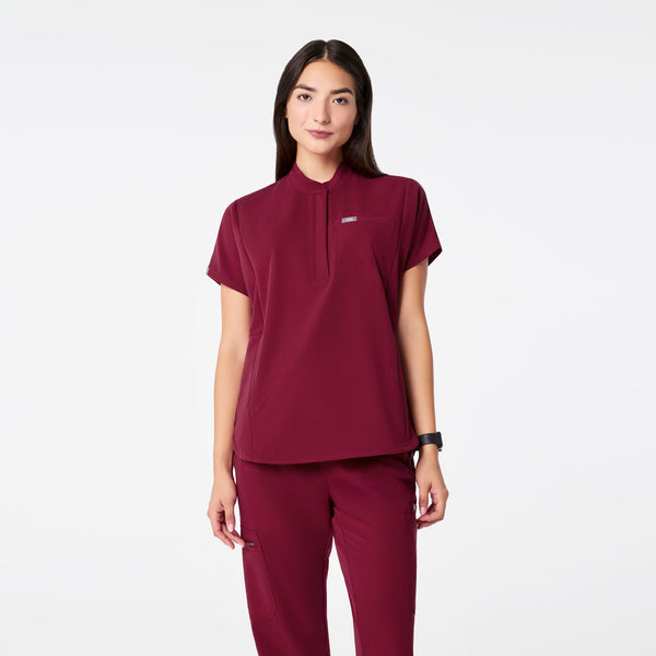 women's Deep Cranberry Montex - Mock Neck Scrub Top
