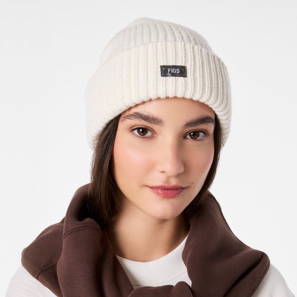 Off White Shimmer FIGS Logo Beanie