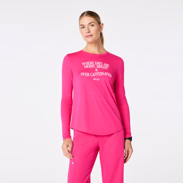 women's Shocking Pink Where Days Are Merry, Bright, and Overcaffeinated Supersoft - Longsleeve Underscrub