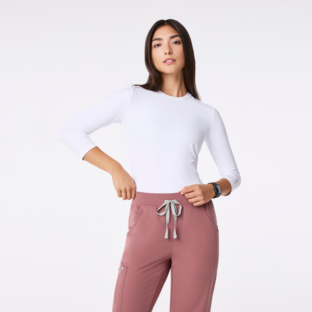 women's White Ribbed - ¾ Sleeve Underscrub