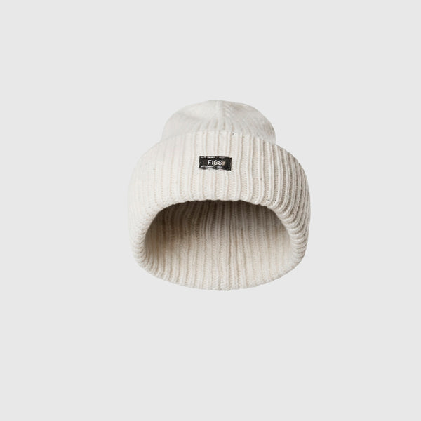 Off White Shimmer FIGS Logo Beanie