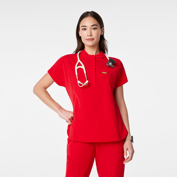 women's Lunar New Year Pop Red Montex - Mock Neck Scrub Top
