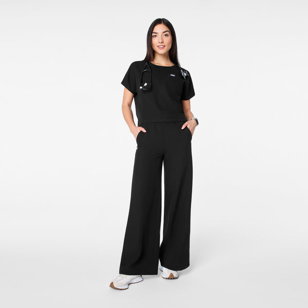 women's Black Arua Cropped Crewneck - One-Pocket Scrub Top