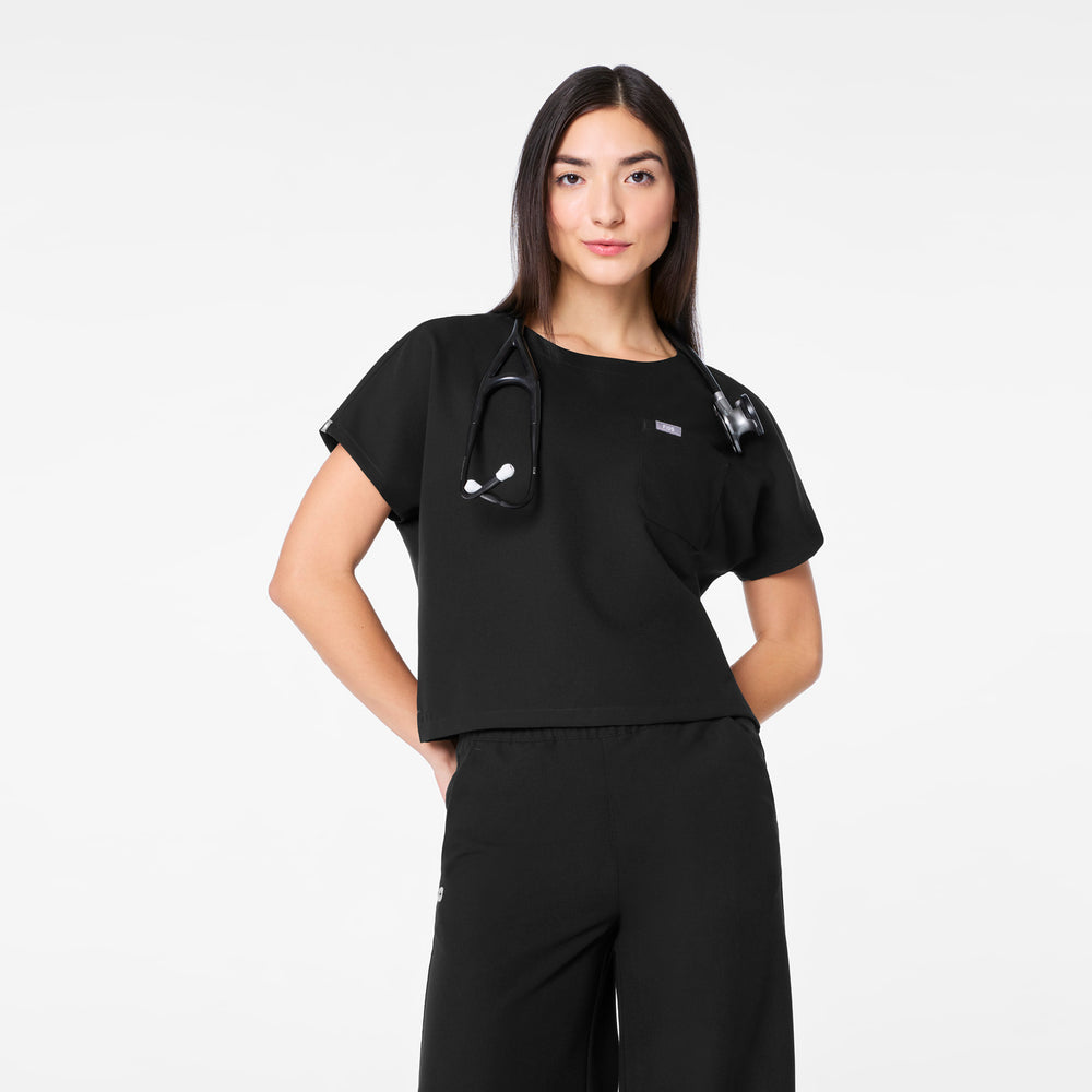 women's Black Arua Cropped Crewneck - One-Pocket Scrub Top