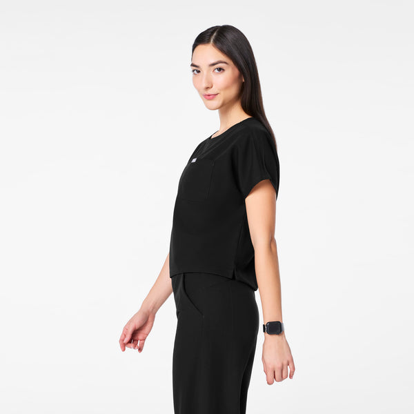 women's Black Arua Cropped Crewneck - One-Pocket Scrub Top