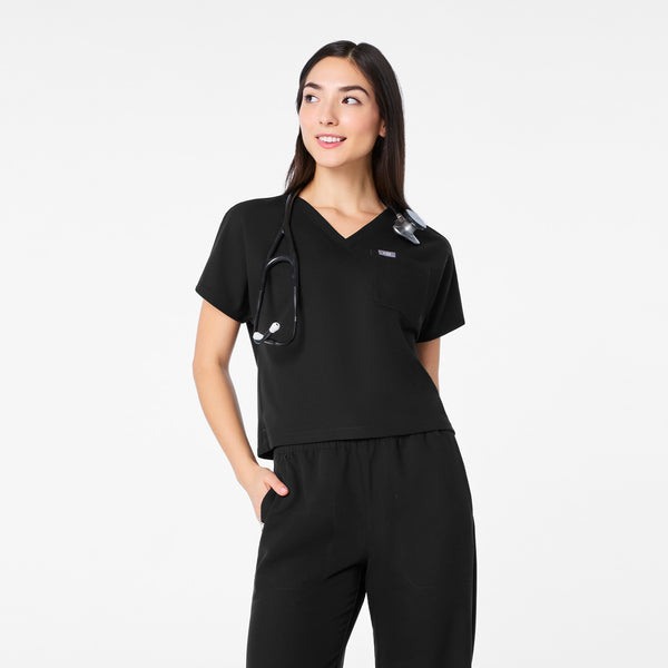 women's Black Arua Cropped V-Neck - One-Pocket Scrub Top