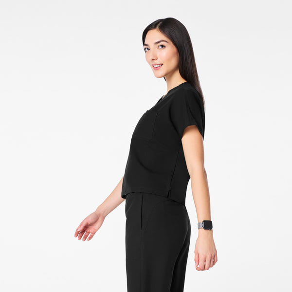 women's Black Arua Cropped V-Neck - One-Pocket Scrub Top