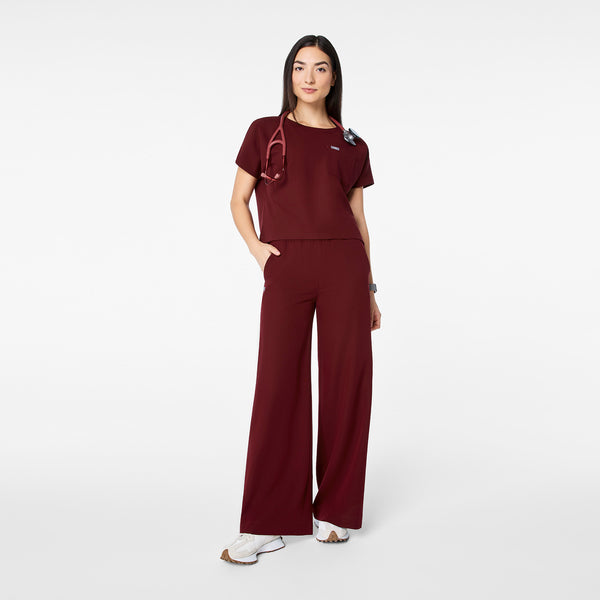 women's Burgundy Arua Cropped Crewneck - One-Pocket Scrub Top