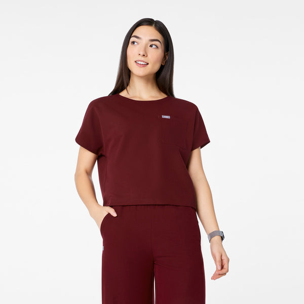 women's Burgundy Arua Cropped Crewneck - One-Pocket Scrub Top