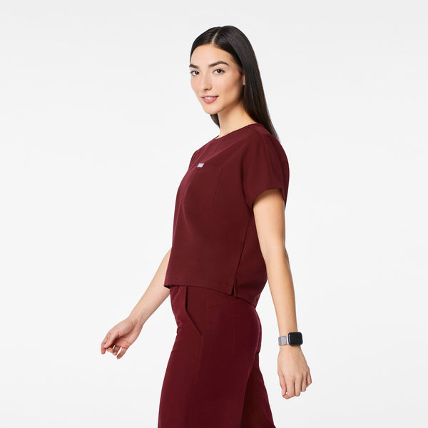 women's Burgundy Arua Cropped Crewneck - One-Pocket Scrub Top