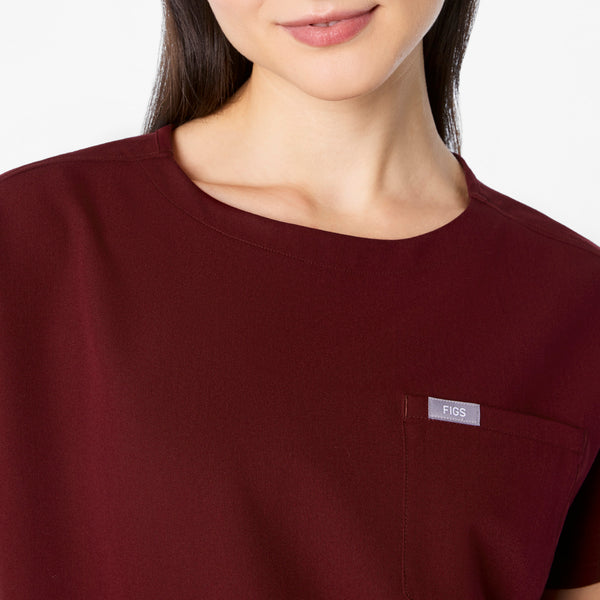 women's Burgundy Arua Cropped Crewneck - One-Pocket Scrub Top
