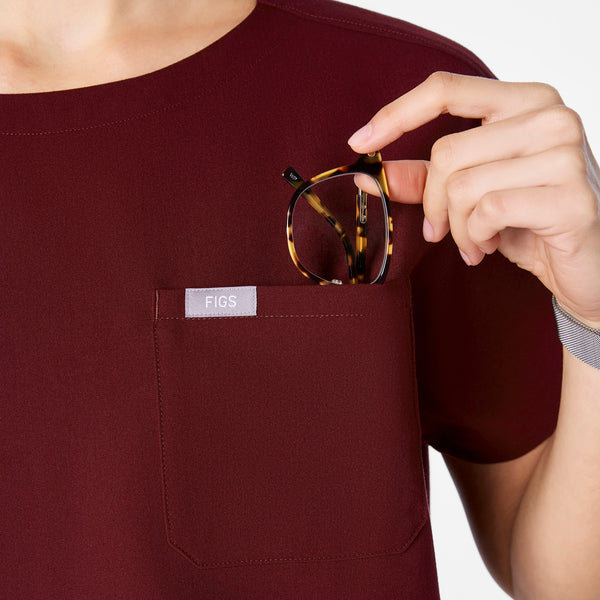 women's Burgundy Arua Cropped Crewneck - One-Pocket Scrub Top