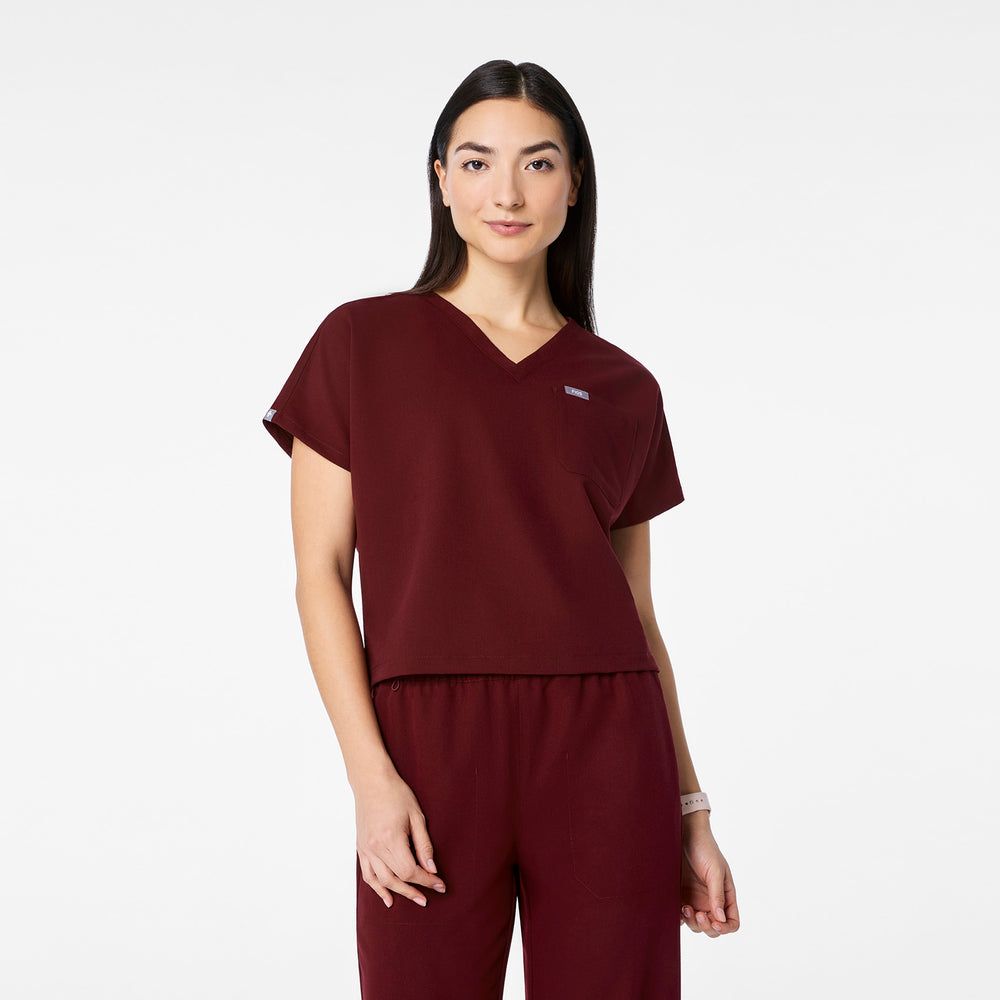 women's Burgundy Arua Cropped V-Neck - One-Pocket Scrub Top