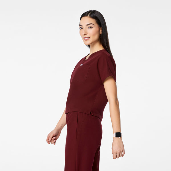 women's Burgundy Arua Cropped V-Neck - One-Pocket Scrub Top