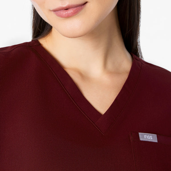 women's Burgundy Arua Cropped V-Neck - One-Pocket Scrub Top