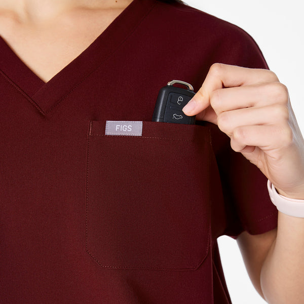 women's Burgundy Arua Cropped V-Neck - One-Pocket Scrub Top