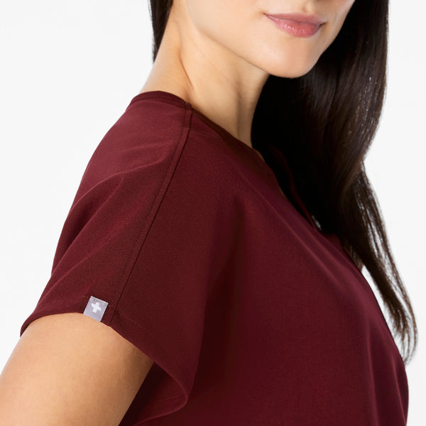 women's Burgundy Arua Cropped V-Neck - One-Pocket Scrub Top
