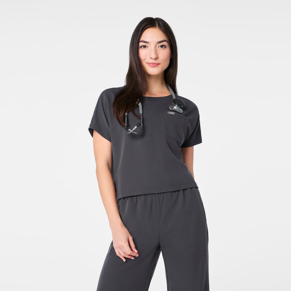 women's Charcoal Arua Cropped Crewneck - One-Pocket Scrub Top