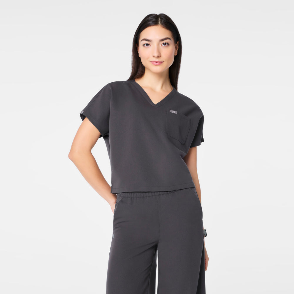 women's Charcoal Arua Cropped V-Neck - One-Pocket Scrub Top