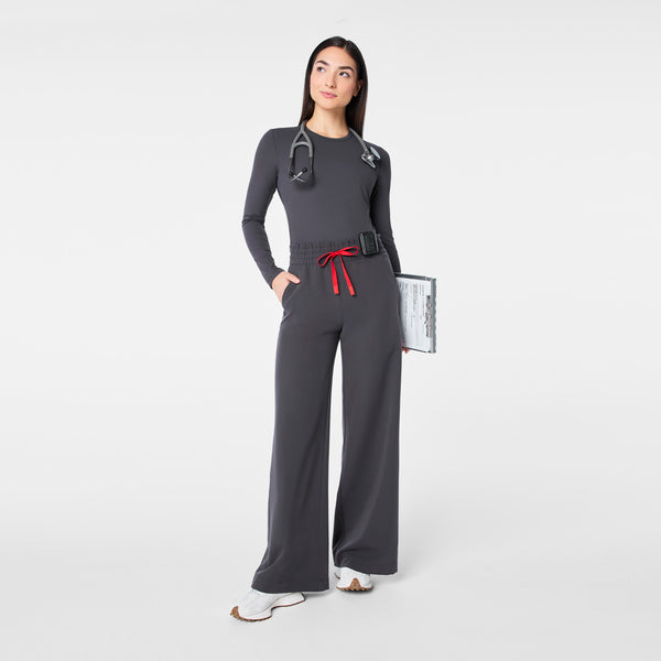 women's Charcoal High Waisted Allison Ultra Wide Leg - Petite Scrub Pant