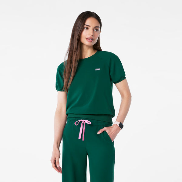 women's Forest Green Holly - Puff Sleeve Scrub Top
