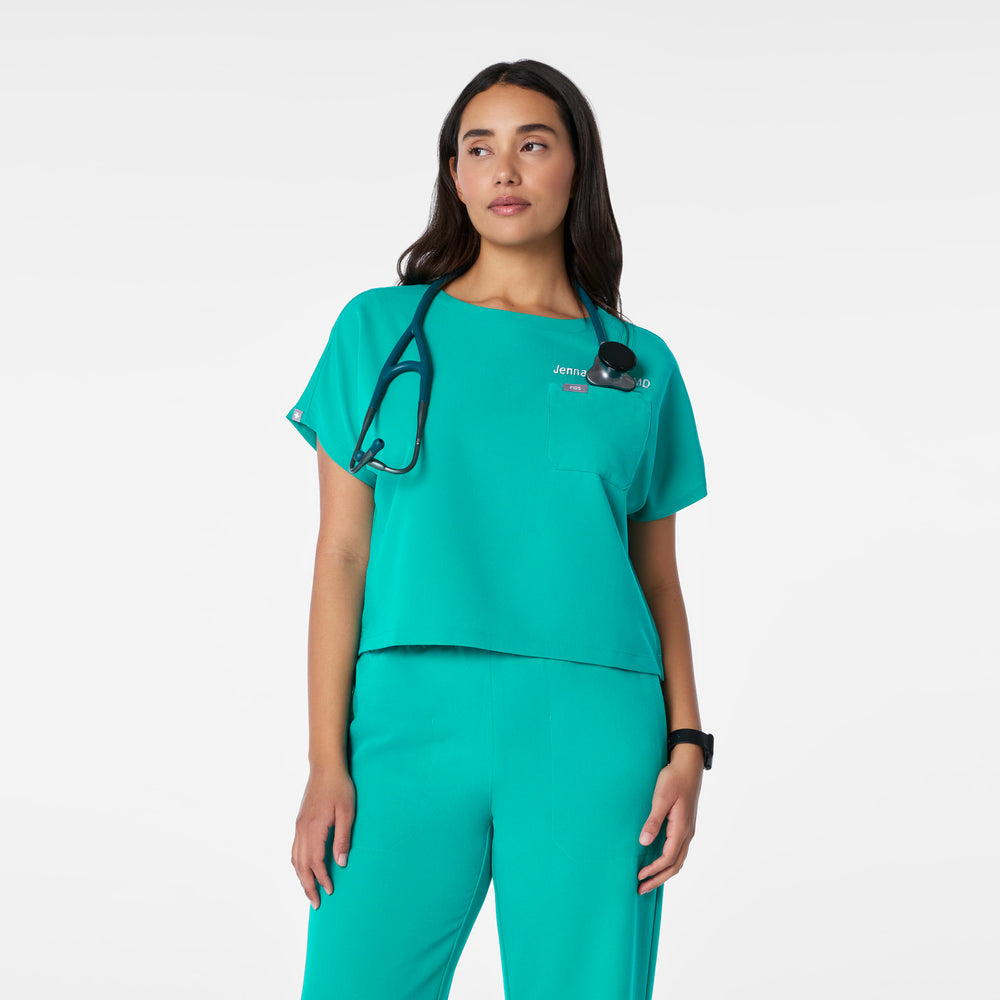 women's Lagoon Arua Cropped Crewneck - One-Pocket Scrub Top