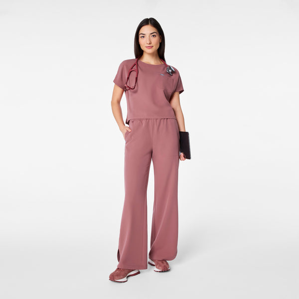 women's Mauve Arua Cropped Crewneck - One-Pocket Scrub Top