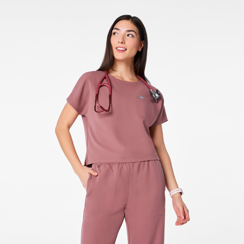 women's Mauve Arua Cropped Crewneck - One-Pocket Scrub Top