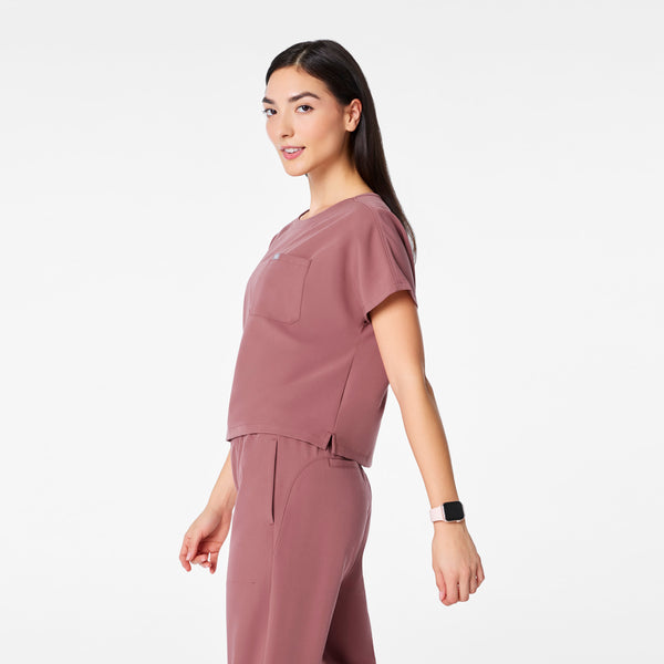 women's Mauve Arua Cropped Crewneck - One-Pocket Scrub Top