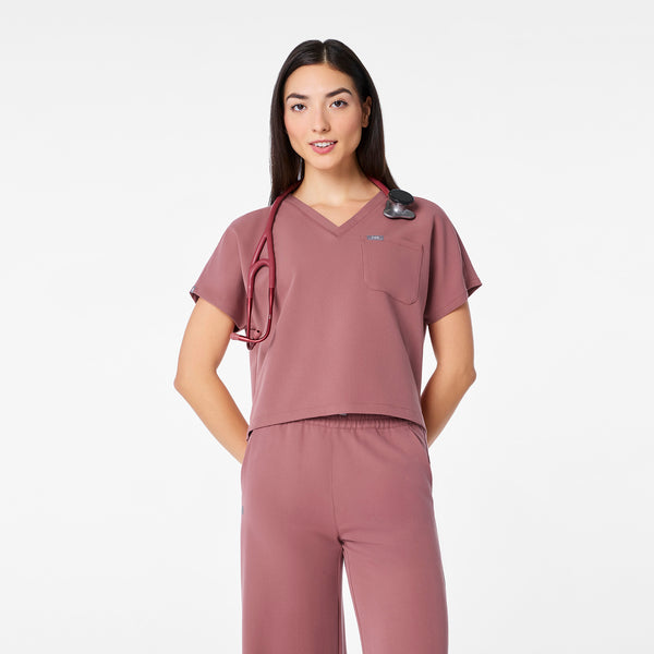 women's Mauve Arua Cropped V-Neck - One-Pocket Scrub Top