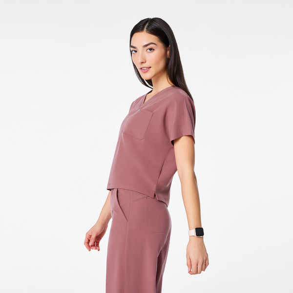 women's Mauve Arua Cropped V-Neck - One-Pocket Scrub Top
