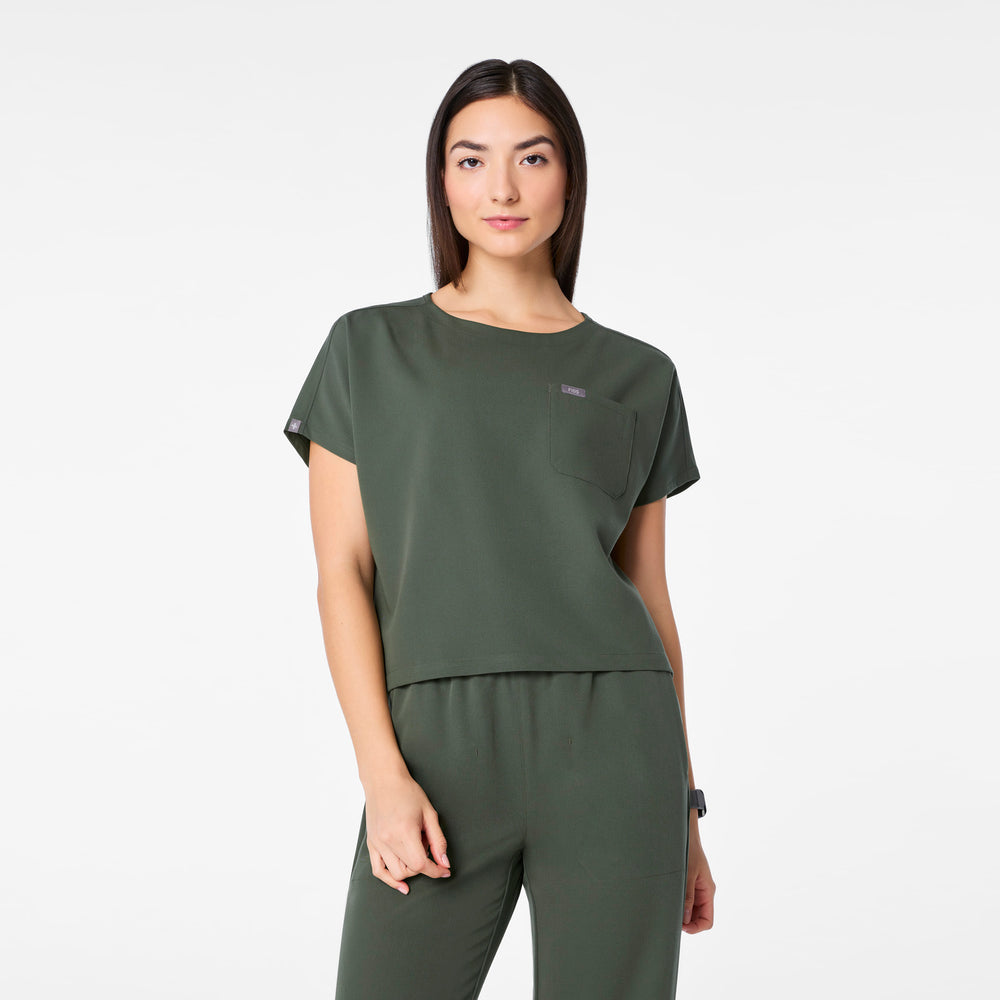 women's Moss Arua Cropped Crewneck - One-Pocket Scrub Top