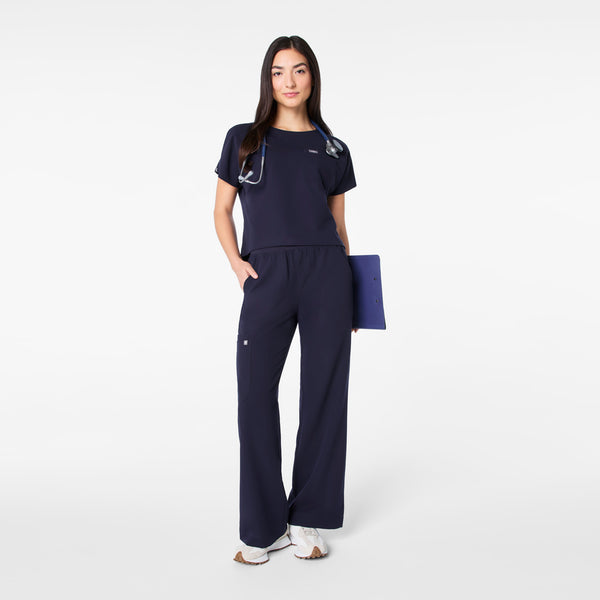women's Navy Arua Cropped Crewneck - One-Pocket Scrub Top