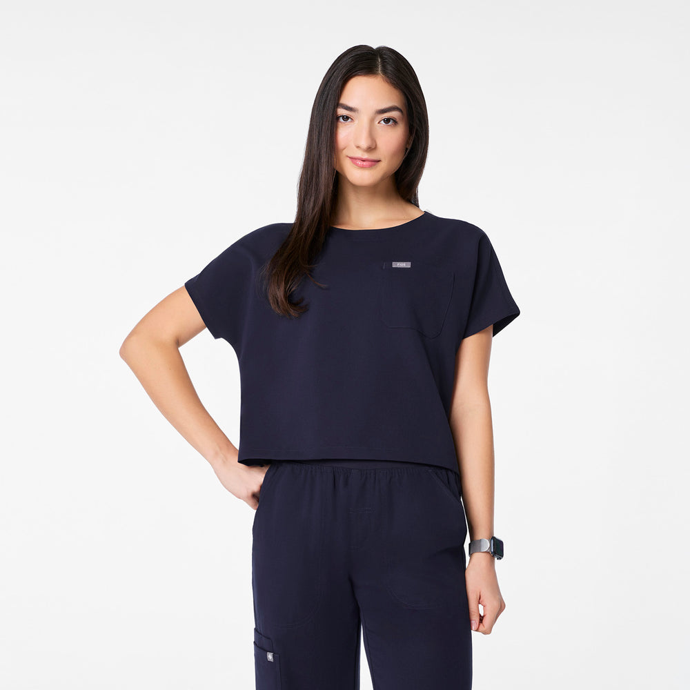 women's Navy Arua Cropped Crewneck - One-Pocket Scrub Top