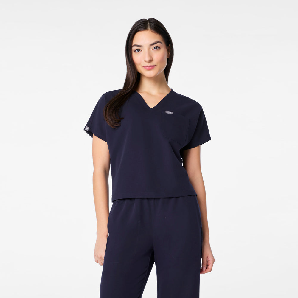 women's Navy Arua Cropped V-Neck - One-Pocket Scrub Top