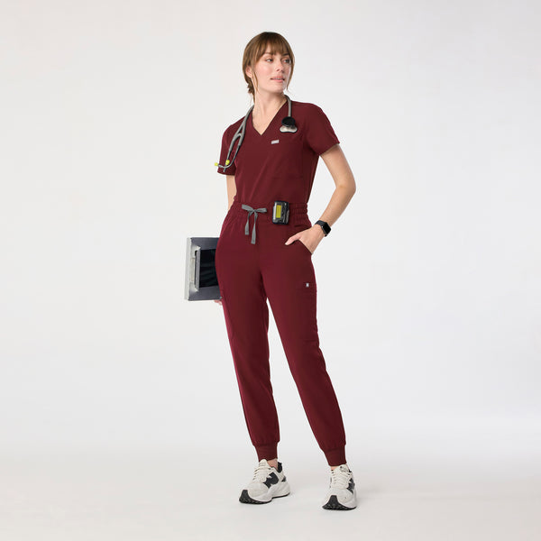 women's Burgundy High Waisted Uman Relaxed - Petite Jogger Scrub Pant
