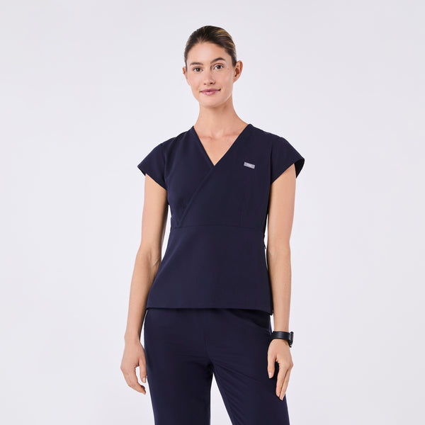 women's Navy Tivoli Slim Surplice Peplum - Scrub Top