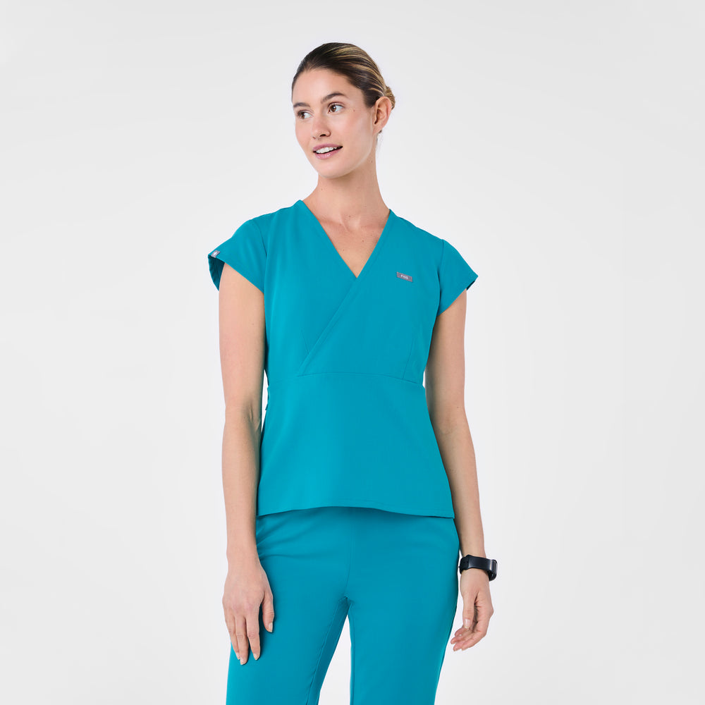 women's Teal Tivoli Slim Surplice Peplum - Scrub Top